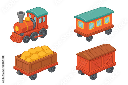 Isometric cartoon train engine and freight cars with hay bales