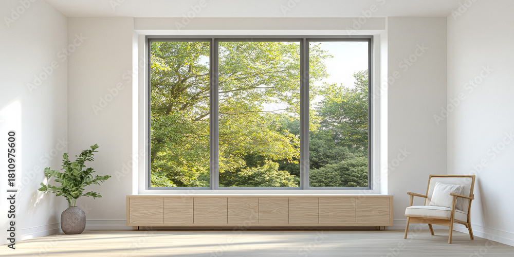 Fototapeta premium Bright modern room featuring large windows with views of greenery and minimalist decor in a peaceful setting