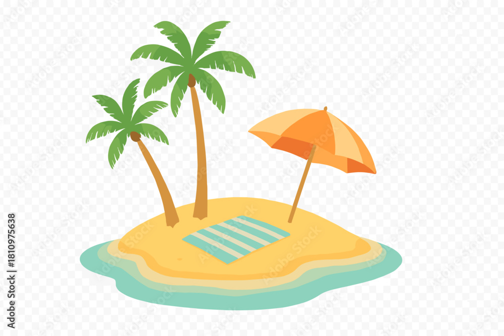 Obraz premium Tropical island beach scene with palm trees and sun umbrella