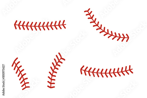 Set of red baseball stitching elements in various curved and straight orientations