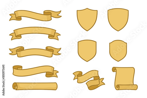 Collection of golden medieval ribbons banners and blank shield emblems
