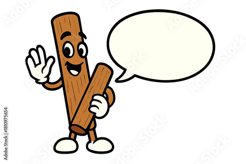 Happy cinnamon stick mascot character holding spice stick with speech bubble