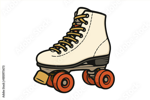 Retro quad roller skate with white boot and orange wheels