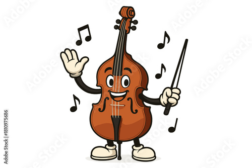Happy cartoon double bass character waving with musical notes