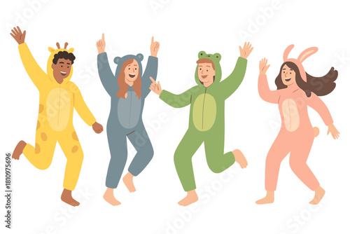 Diverse young adults in animal onesies jumping and celebrating together