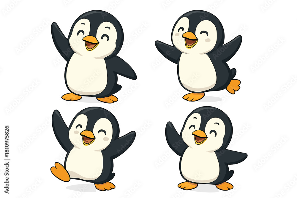 Obraz premium Four cute cartoon baby penguins waving and smiling cheerfully