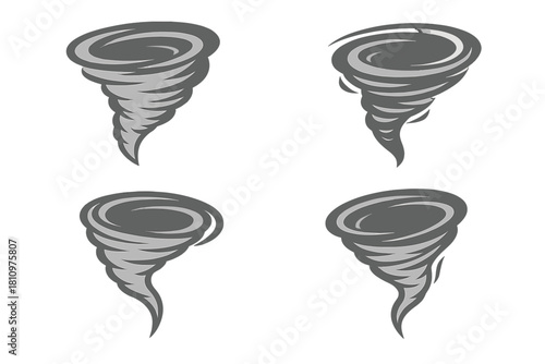 Four stylized gray tornado icons and emblems representing severe weather