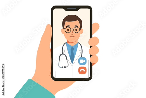 Hand holding smartphone showing doctor on video consultation screen