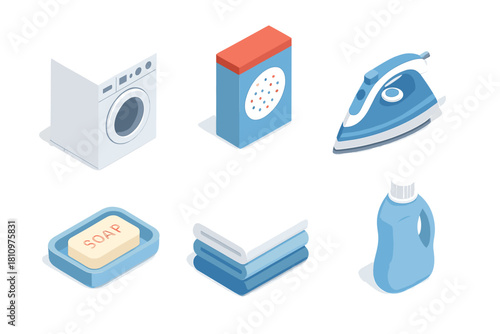 Isometric icons of laundry and household cleaning supplies