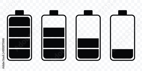Battery charge icon set. Battery level indicators.  low to full battery level status indicator with charging symbol for mobile app, ui, and other design. 