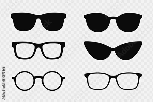 Six different shapes of black sunglasses and eyeglasses frames