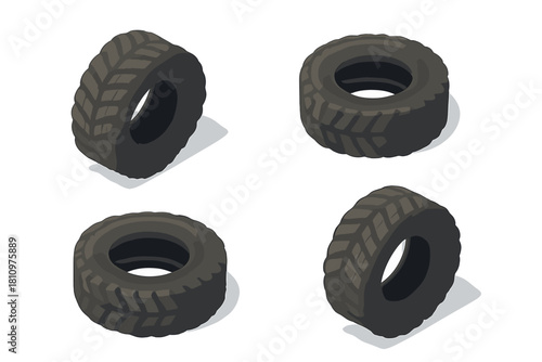 Four isometric heavy duty vehicle tires with deep treads