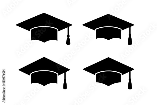 Four black graduation caps with tassels icon set