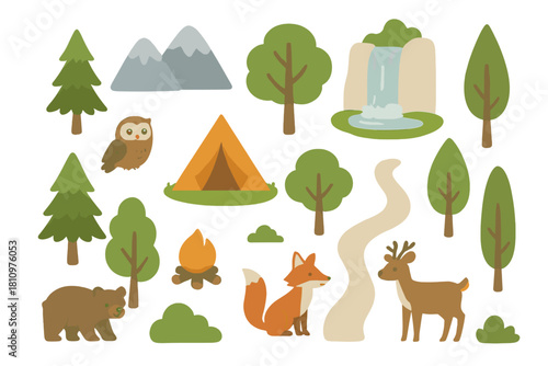 Charming woodland creatures and camping gear icons for nature themes