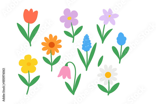 Assortment of colorful stylized spring flowers with green stems and leaves