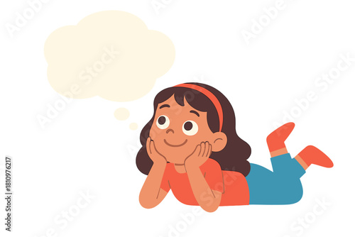 Happy child resting chin on hands with blank thought bubble above