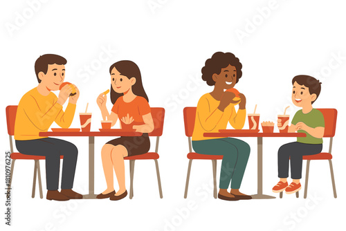 Diverse families enjoying fast food meal together at restaurant tables