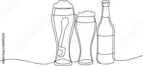 Line art of two beer glasses and a bottle drink beverage