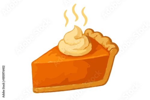Warm slice of pumpkin pie topped with creamy whipped cream