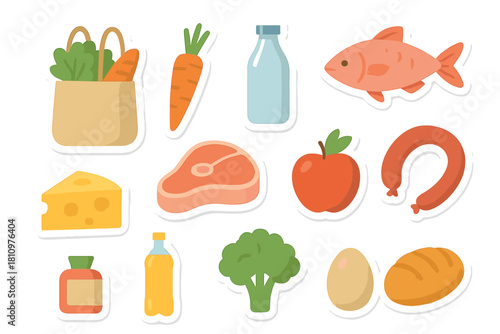 Colorful sticker set of assorted grocery food items for shopping and nutrition