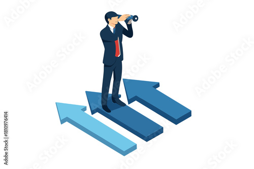 Businessman looking through spyglass standing on upward pointing arrows
