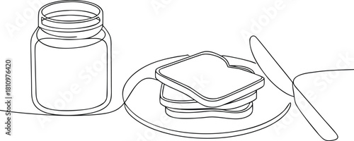 Jar of jam and toast on plate with knife line art jam jar