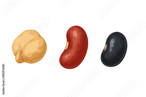 Chickpea kidney bean and black bean assortment isolated on white background