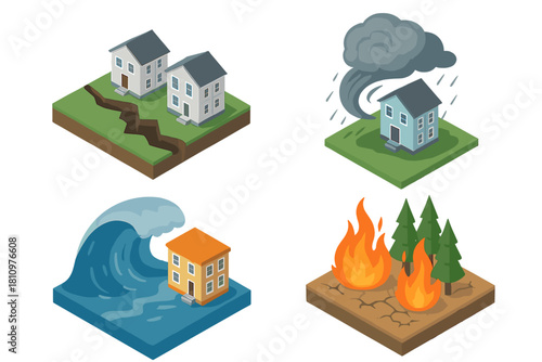 Isometric icons set of natural disaster and emergency situations