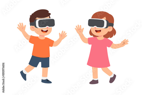 Happy children wearing virtual reality headsets exploring digital world