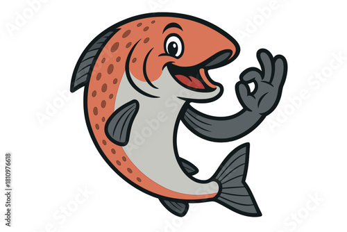 Happy cartoon salmon fish mascot making okay hand gesture