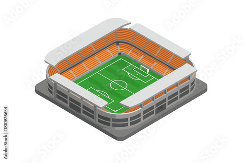 Isometric view of modern soccer stadium with green field and orange seats