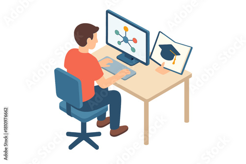 Isometric view of student studying online with network connections and graduation symbol