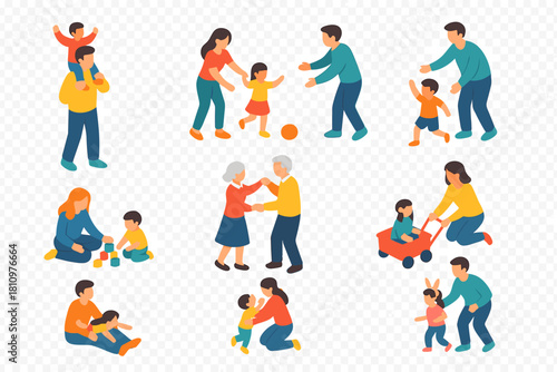 Isometric diverse family groups interacting with children and enjoying activities