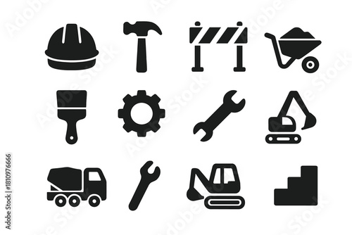 Black icons representing construction and repair tools for building industry