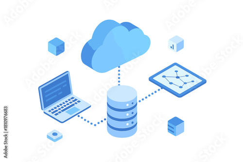 Isometric view of cloud data storage and network infrastructure connection
