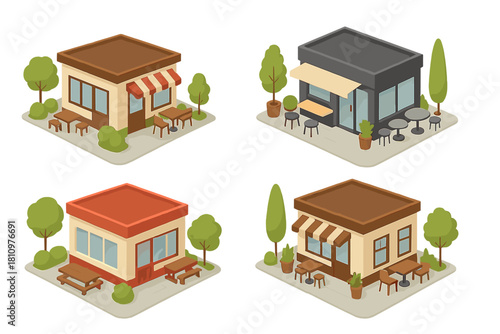 Isometric small cafe and shop buildings with outdoor seating areas
