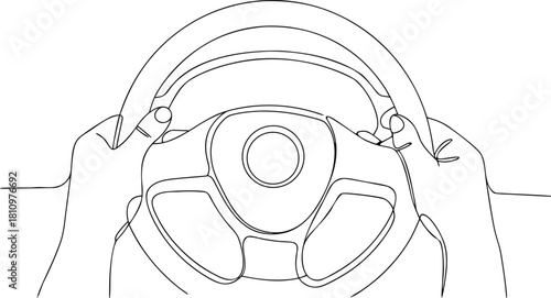 Hands holding car steering wheel continuous line drawing