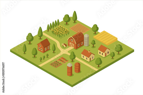 Isometric view of rural farmstead with crops and buildings