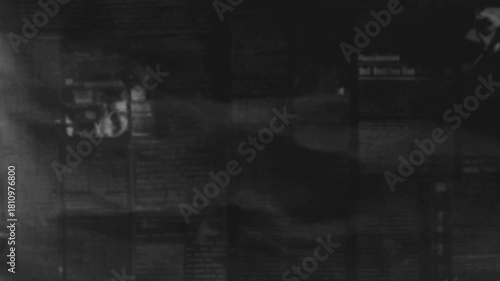 Dark grunge newspaper texture overlay. Mysterious animated background with subtle text columns and noise for horror, crime, or vintage cinematic video editing.