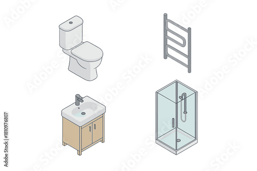 Isometric set of modern bathroom fixtures including toilet vanity and shower