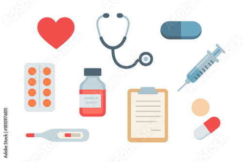 Collection of essential medical equipment and pharmaceutical item symbols
