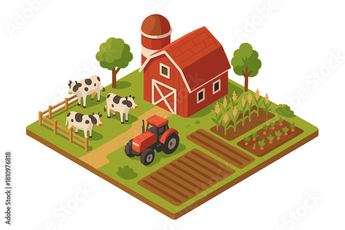 Isometric farm scene with barn tractor cows and cultivated fields