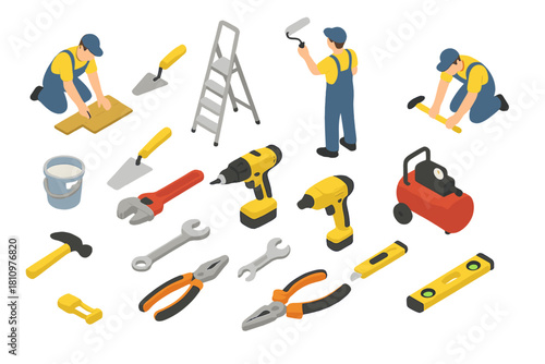 Isometric set of construction workers and essential hand and power tools