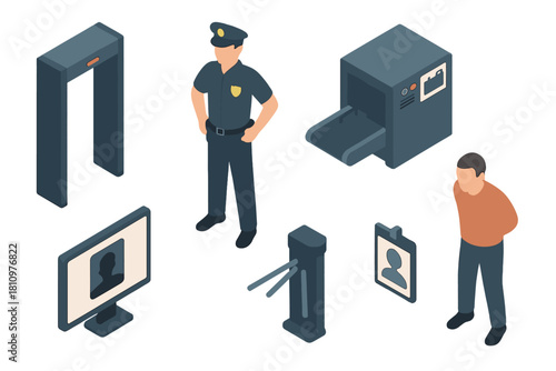 Isometric security checkpoint equipment and personnel icons set