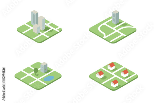 Isometric icons depicting urban planning and residential development stages