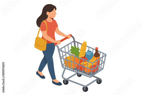 Woman pushing shopping cart loaded with groceries in isometric perspective