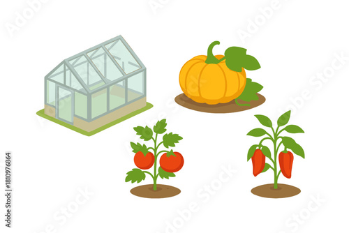 Isometric greenhouse and various garden vegetables including pumpkin, tomato, and pepper plants