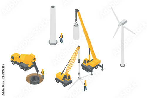 Isometric construction stages of wind turbine assembly and foundation work