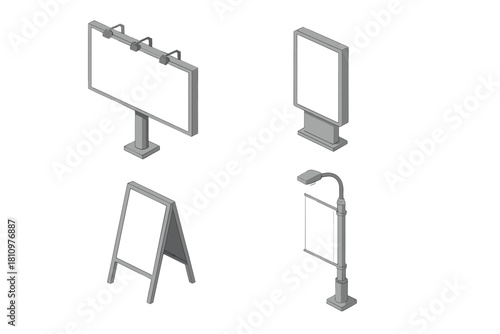 Isometric set of blank outdoor advertising display mockups