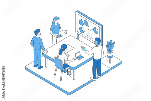 Isometric business team analyzing data presentation on large screen